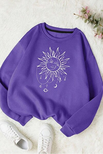 FECCY Hanorac din bumbac oversize unisex cu imprimeu digital solar violet - D...