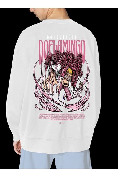 FECCY Hanorac unisex alb cu imprimeu flamingo, supradimensionat, fără glugă