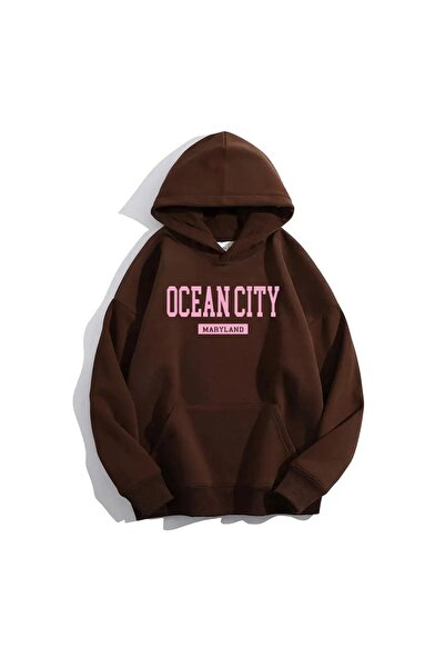 FECCY Hanorac din bumbac supradimensionat maro unisex cu imprimeu Ocean City