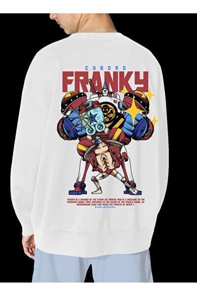 FECCY Unisex bela majica sa kapuljačom bez kapuljače sa Franky printom, oversize