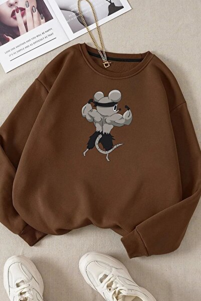 FECCY Hanorac maro supradimensionat din bumbac - Unisex, cu guler tip crewnec...