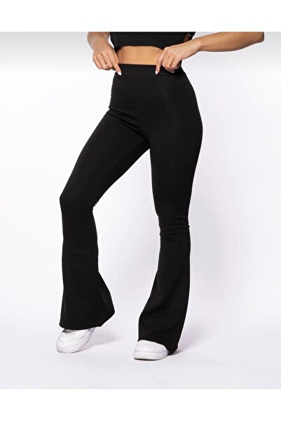 SOSYETE AVM بنطال محبوك أسود عالي الخصر - بنطال واسع الساق من الفولاذ