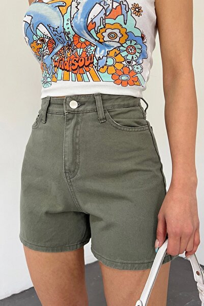 bacc Kadın Haki Yıkamalı Mom Kalıp Denim Şort Bcdf-233308