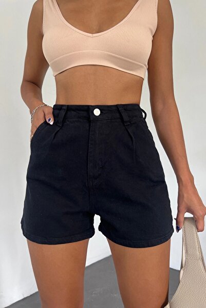 bacc Kadın Siyah Çift Cepli Pileli Mini Denim Şort Bcdf-233302
