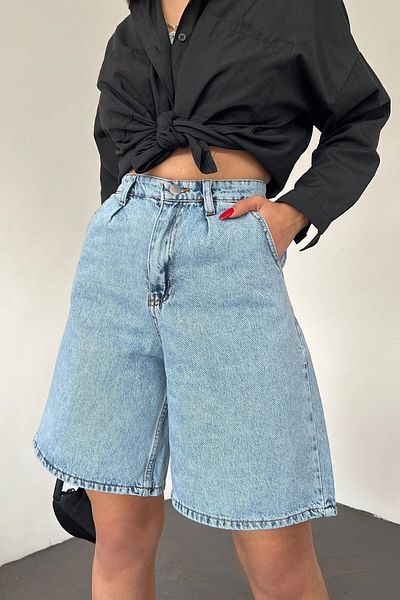 bacc Pantaloni scurți din denim bermude cu buzunar dublu, albastru gheață, Bcdf- 233303