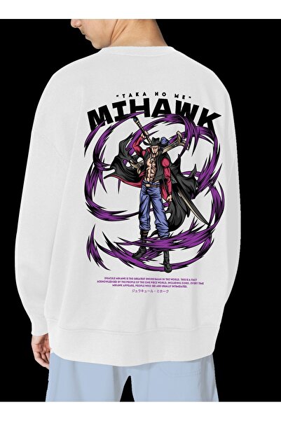 FECCY Hanorac unisex alb cu imprimeu Mihawk, supradimensionat, fără glugă