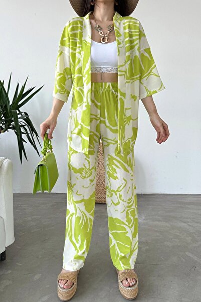 bacc Green Patterned Crinkle Pants and Kimono Set - Bcdf-241201