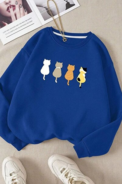 FECCY Hanorac unisex supradimensionat din bumbac cu imprimeu Blue Angry Cat
