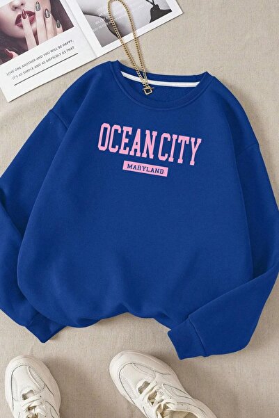 FECCY Hanorac unisex din bumbac oversize cu imprimeu Blue Ocean City - Decolt...