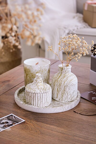ersu store 5 Parça Varak Desenli Beton Vazo Ve Cam Bardak Soya Wax Mum Seti