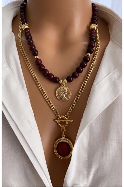 TARZ-I TAKI (İKİLİ) Doğal Taş Bordo Kuvars Taşı Çelik Zincir Altın Kaplamalı Çerçeveli Taş Uç Kadın Kolye