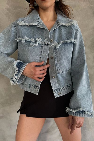 bacc Jachetă de jeans pentru femei, albastră, cu ciucuri, spălată, cu potrivire relaxată Bcdf- 245412