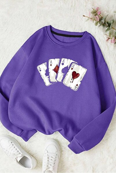 FECCY Hanorac din bumbac oversize unisex cu imprimeu digital mov - Decolteu t...