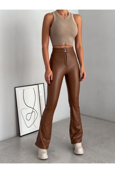 KAŞİHA Tan Women's Velvet Double Button Zippered Leather Spanish Pants