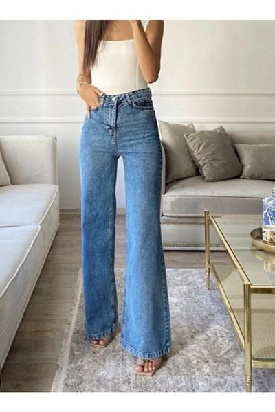 DRC trend Nans 90's Snow Wash Blue Lycra Blugi largi cu talie super înaltă Pantaloni Palazzo