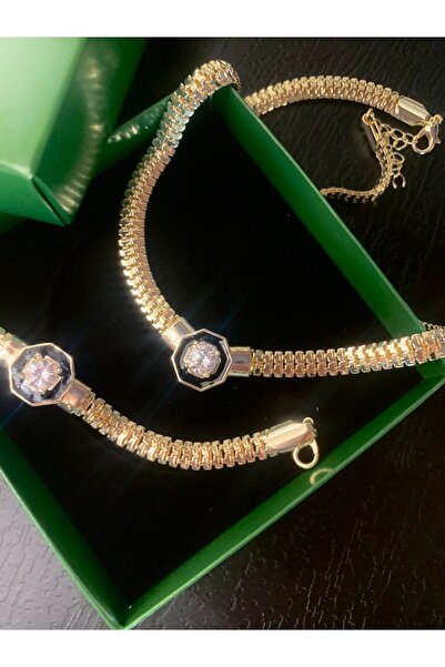 Freya Serenay Serisi Elegant Siyah Mineli VIp Çelik Kolye Bileklik Seti