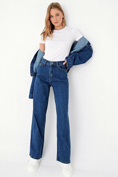 DRC trend Blugi largi din Lycra albastru închis cu talie super înaltă - Pantaloni Palazzo cu picioare largi