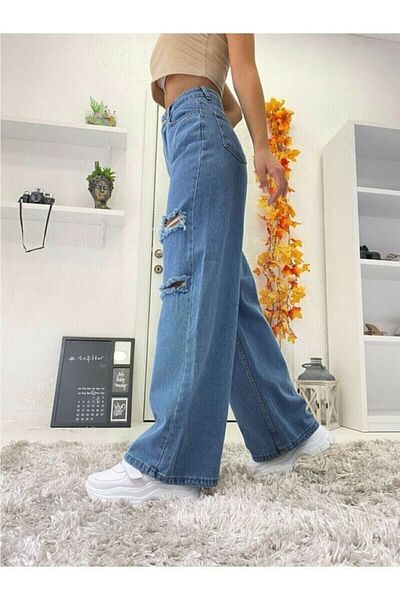 DRC trend S.o.l.m.a.z Blugi Palazzo cu talie super înaltă din Lycra albastră - picior lat