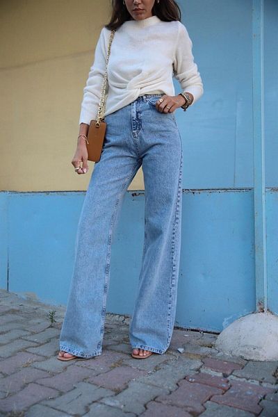 DRC trend Icon auriu anii 90 - albastru deschis, lycra de zăpadă, blugi palazzo largi cu talie înaltă