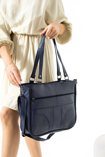 Erzeno Luxus női kézi és válltáska - valódi bőr, nagy méretű, sötétkék |   Minőség