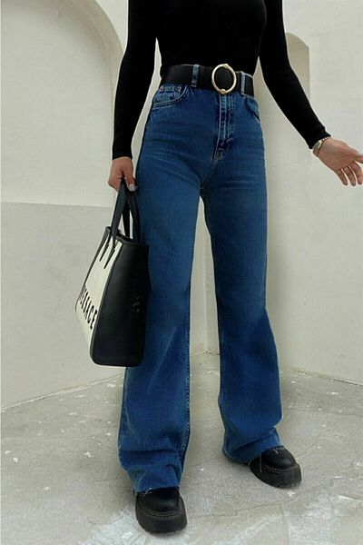 DRC trend Albastru mijlociu - Blugi largi din Lycra cu talie super înaltă Pantaloni Palazzo. (SUPER ÎNALT) Picior lat