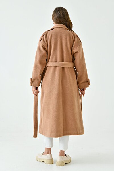 bayansepeti Παλτό Camel Midi με διπλό στήθος - Λεπτομέρεια ζώνης, μακρυμάνικο, φόδρα 9002