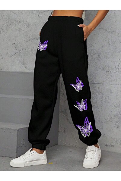 Mythologie Butterfly Patterned Sweatpants Jogger - Black Printed Elastic Leg High Waist
