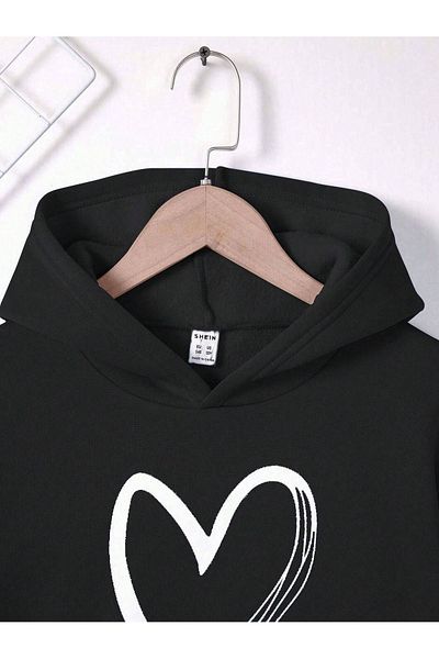 aynewmoda черен оувърсайз суитшърт с качулка и щампа на сърце