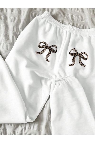 Mythologie Ψηλόμεσο λευκό εμπριμέ Leopard Ribbon Jogger Sweatpants - Χειμώνας
