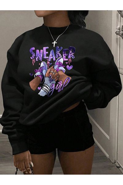 aynewmoda Black Oversize Sweatshirt - Sneaker Printed
