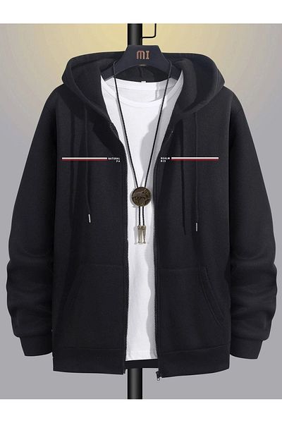 Mythologie Natural Realism Thick Cardigan - Μαύρη εμπριμέ καλοκαιρινή υπερμεγέθη ζακέτα με κουκούλα και τσέπη με φερμουάρ