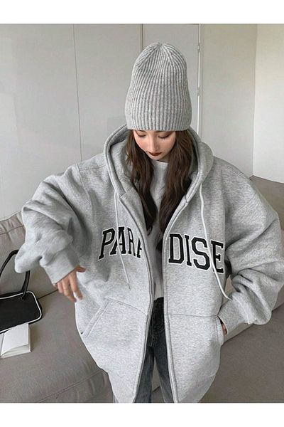 Mythologie Ζακέτα Paradise Grey Oversize με κουκούλα - Χειμώνας, με φερμουάρ και τσέπες