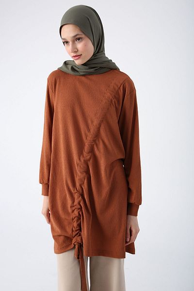 ALLDAY Tan Gathered Tie Detailed Crew Neck Tunic