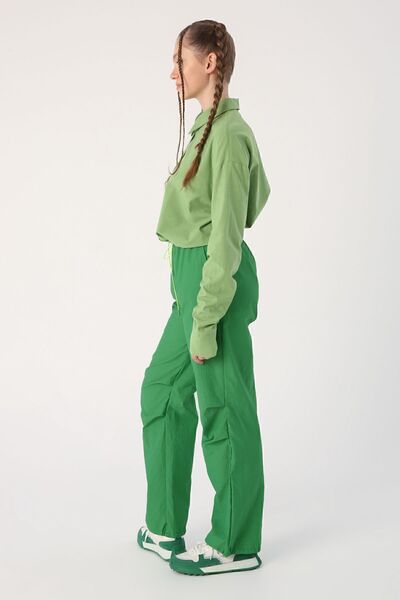 ALLDAY Yeşil Paraşüt Kumaş Pile Detaylı Paçası Büzgülü Pantolon