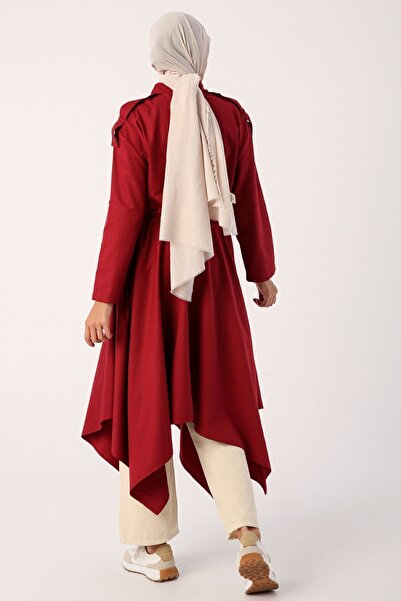 ALLDAY Dark Claret Red Asymmetric Skirt Shirt Tunic with Epaulettes