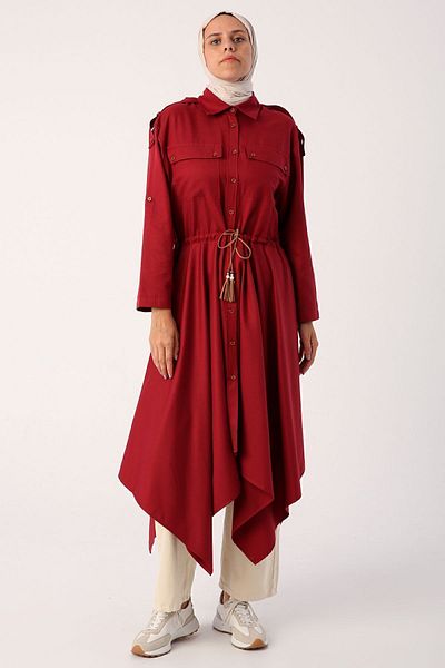 ALLDAY Dark Claret Red Asymmetric Skirt Shirt Tunic with Epaulettes
