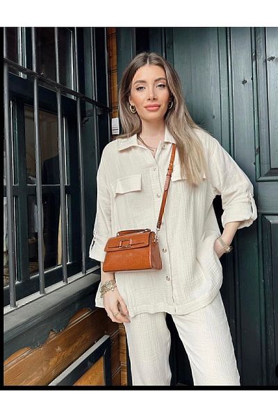 manana fashion Gold Buttoned Pocket Detailed Raw Linen Muslin Fabric Ecru Shirt Trousers Set