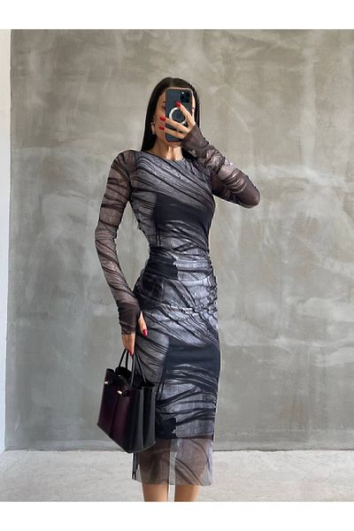 manana fashion Printed Tulle Lined Crew Neck Midi Dress