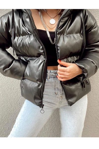 manana fashion Jachetă puf din piele artificială neagră - oversize