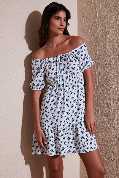 Lela Desenli Slim Fit Carmen Yaka Mini Elbise  ELBİSE 5865620