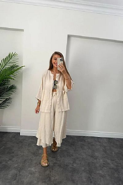 manana fashion طقم قميص بنطلون بوهيمي بلون الحجر من الكتان الخام