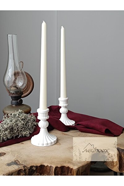 agu home Beyaz 2' Li Klasik Beton Şamdan Mumluk