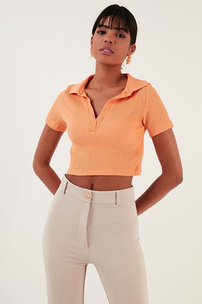 Lela Slim Fit Crop Polo Collar Ribbed Flexible Blouse Blouse 5865035