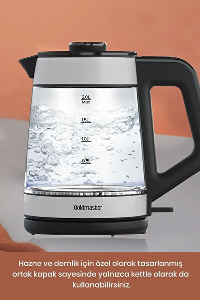 GOLDMASTER Yenidem Inox Geniş Hazneli Demlikli Alman Schott Cam Çay Makinesi Ve Led Işıklı Su Isıtıcısı