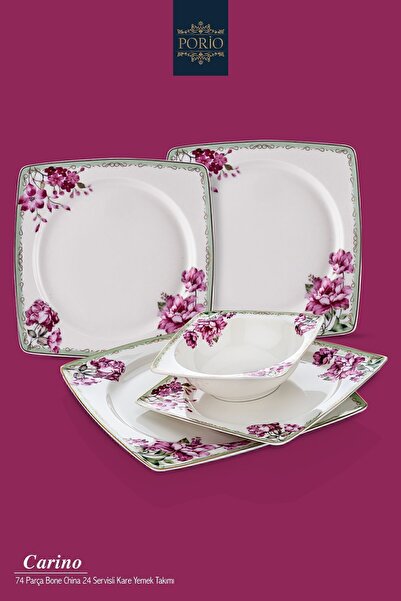 Porio Carino 74 Parça Bone China 24 Servisli 12 Kişilik Kare Porselen Yemek T...