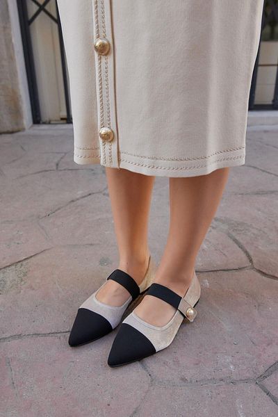 NILUFARR Μπαλαρίνες Nivo Beige Velvet με μυτερή μύτη από γνήσιο δέρμα