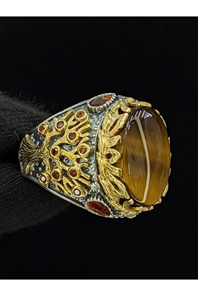 Senin Silver Yaşam Ağacı Modelli   Oval Kaplan Gözü Taşlı 925 Ayar Erkek Gümü...