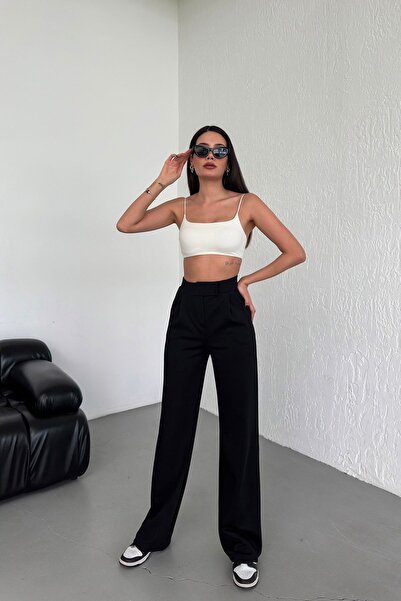 RuyaMood Kadın Siyah Yüksek Bel Likralı Esnek Cırt Kapamalı Pileli Rahat Kalıp Palazzo Pantolon