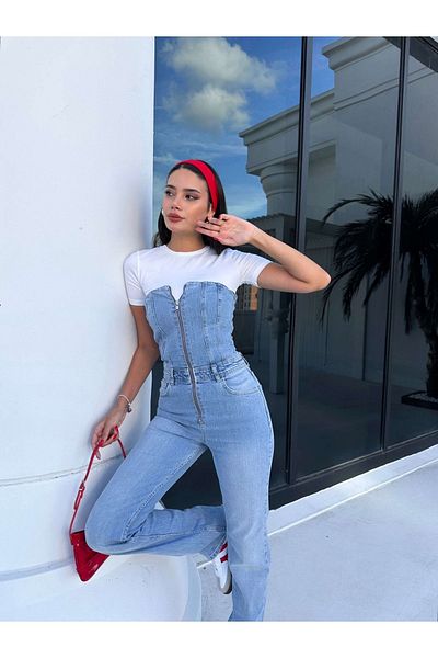 ESRAHELVACI Salopetă albastră din denim fără bretele cu fermoar în față