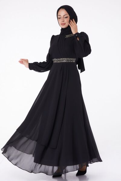 TOFİSA فستان شيفون بتفاصيل حجر أسود - ياقة مستقيمة - 26255